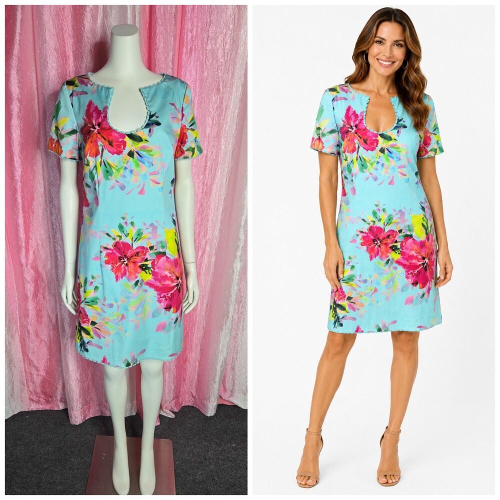 Trina Turk Floral Hibiscus Cotton Shift Dress Size 10